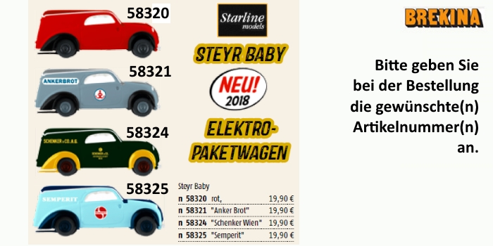 Brekina 58321-1//87 Steyr Baby /"Anker Brot/" Von Starline Neu